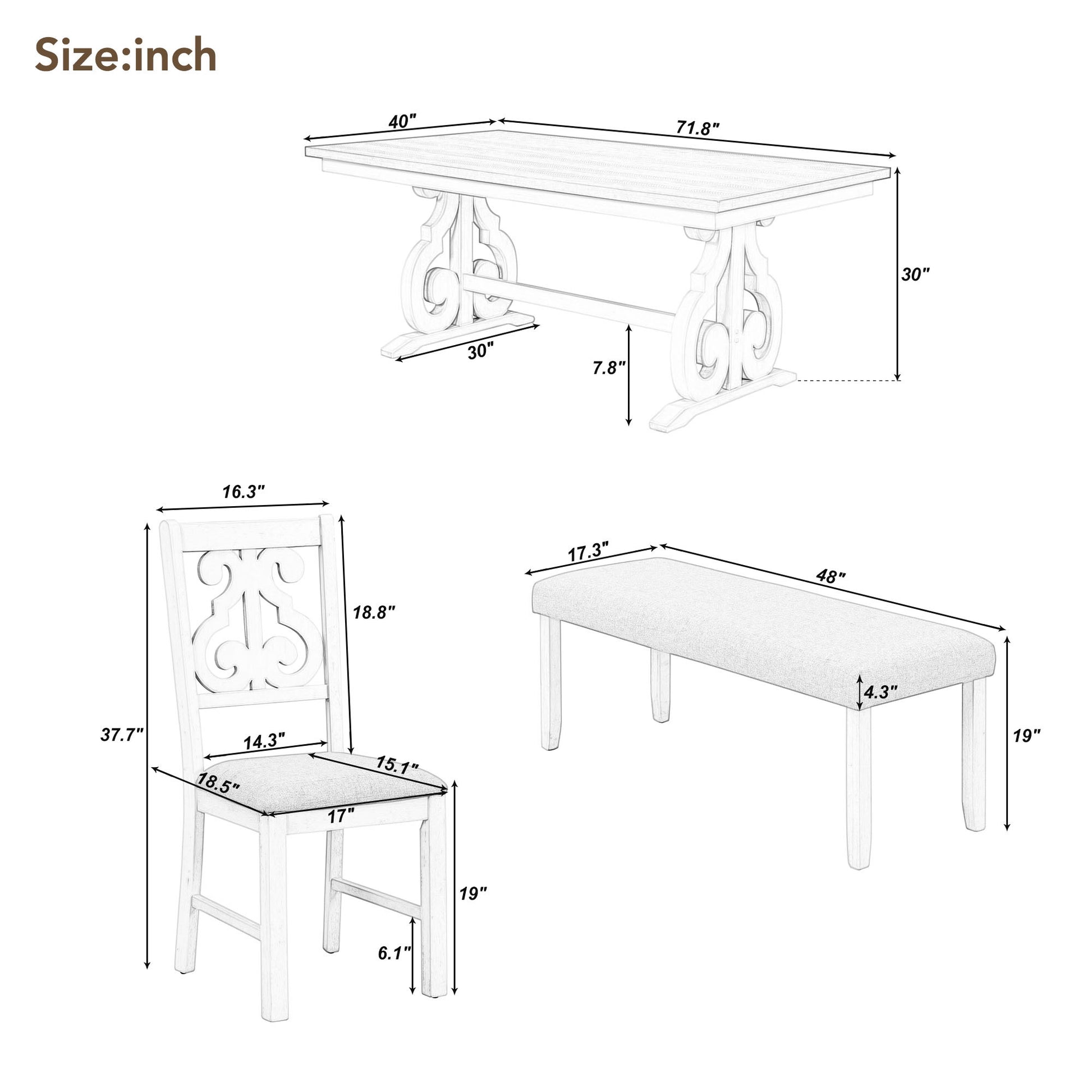 6 Piece Wooden Dining Table Set, Farmhouse Rectangular Dining Table, Four Chairs With Exquisitely Designed Hollow Chair Back And Bench For Home Dining Room Gray White White Gray Solid Wood