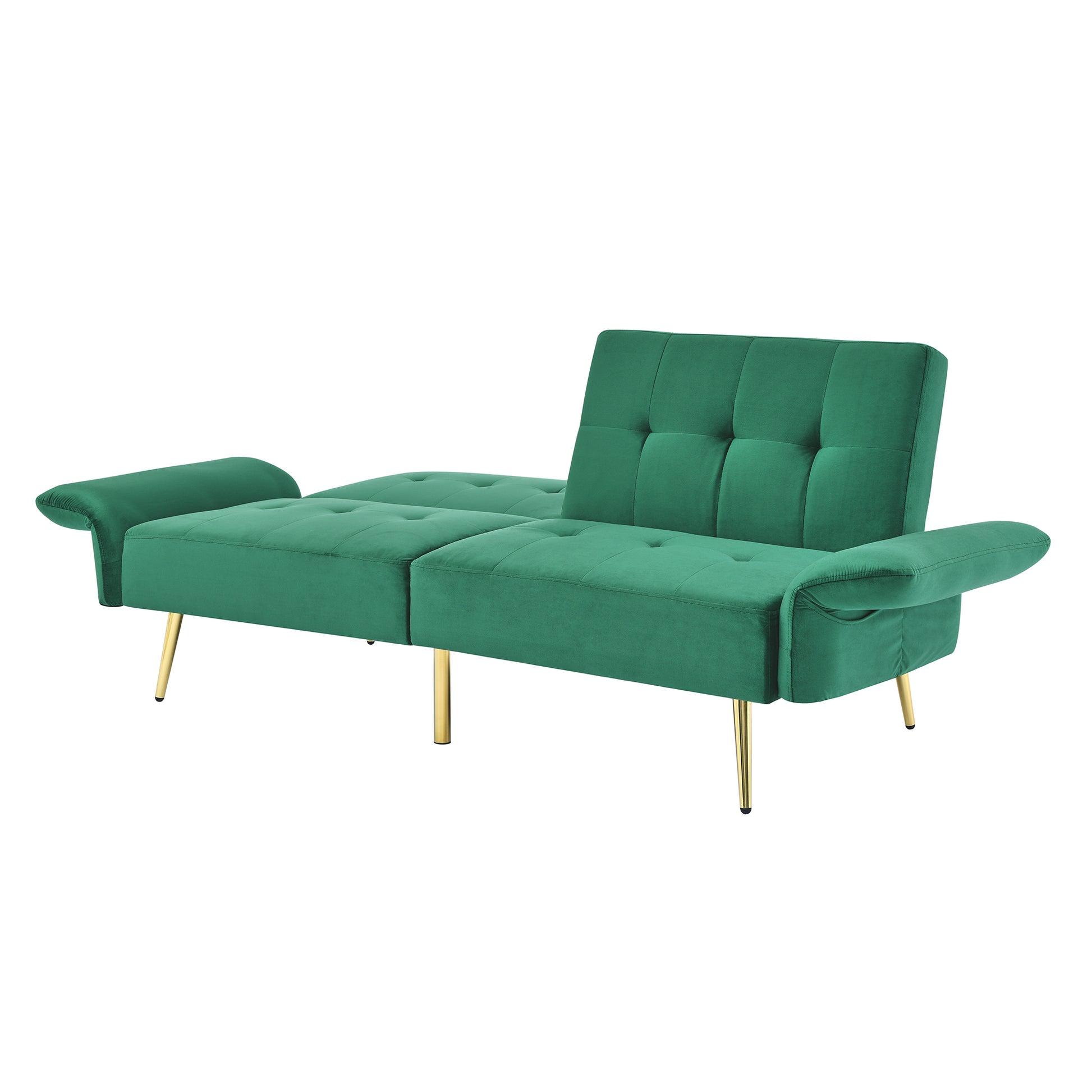 78" Italian Velvet Futon Sofa Bed, Convertible Sleeper Loveseat Couch With Folded Armrests And Storage Bags For Living Room And Small Space, Green 280G Velvet Green Foam Solid Wood