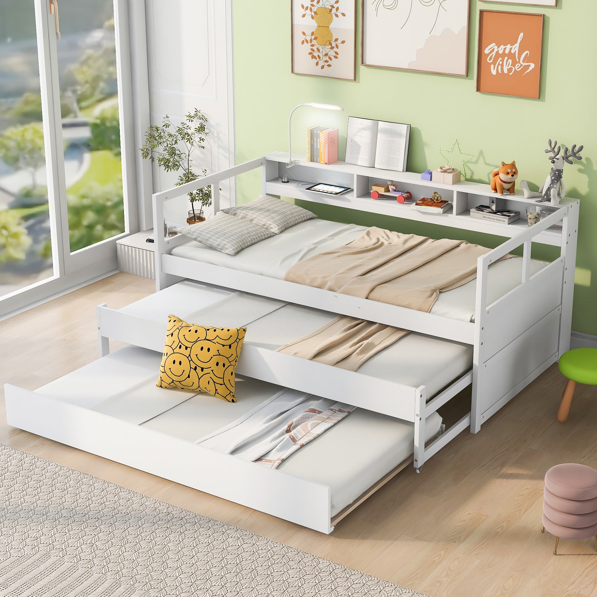 Twin Xl Wood Daybed With 2 Trundles, 3 Storage Cubbies, 1 Light And Usb Charging Design, White Gray Solid Wood