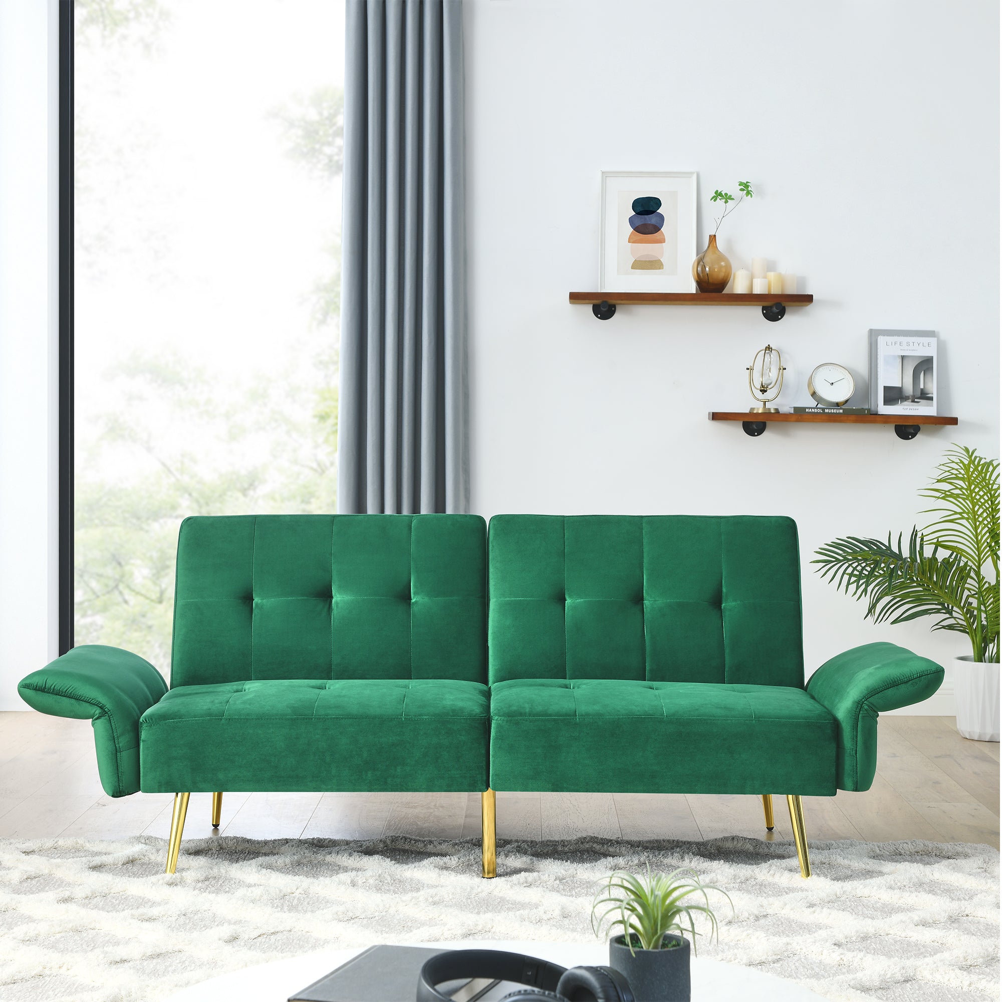 78" Italian Velvet Futon Sofa Bed, Convertible Sleeper Loveseat Couch With Folded Armrests And Storage Bags For Living Room And Small Space, Green 280G Velvet Green Foam Solid Wood