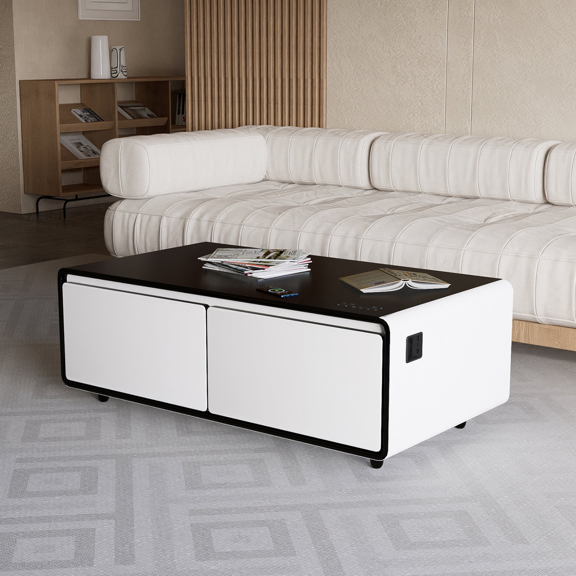 Modern Smart Coffee Table With Built In Fridge, Bluetooth Speaker, Wireless Charging Module, Touch Control Panel, Power Socket, Usb Interface, Outlet Protection, Atmosphere Light, White White Black Built In Outlets Or Usb Primary Living Space