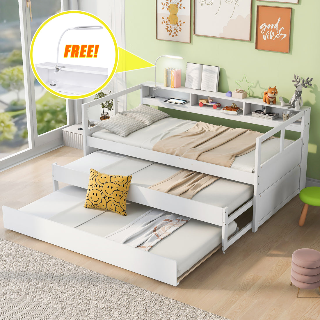 Twin Xl Wood Daybed With 2 Trundles, 3 Storage Cubbies, 1 Light And Usb Charging Design, White Gray Solid Wood