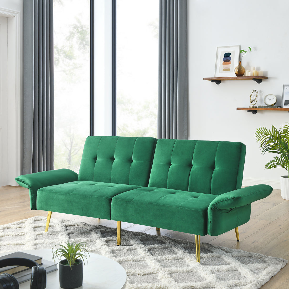 78" Italian Velvet Futon Sofa Bed, Convertible Sleeper Loveseat Couch With Folded Armrests And Storage Bags For Living Room And Small Space, Green 280G Velvet Green Foam Solid Wood