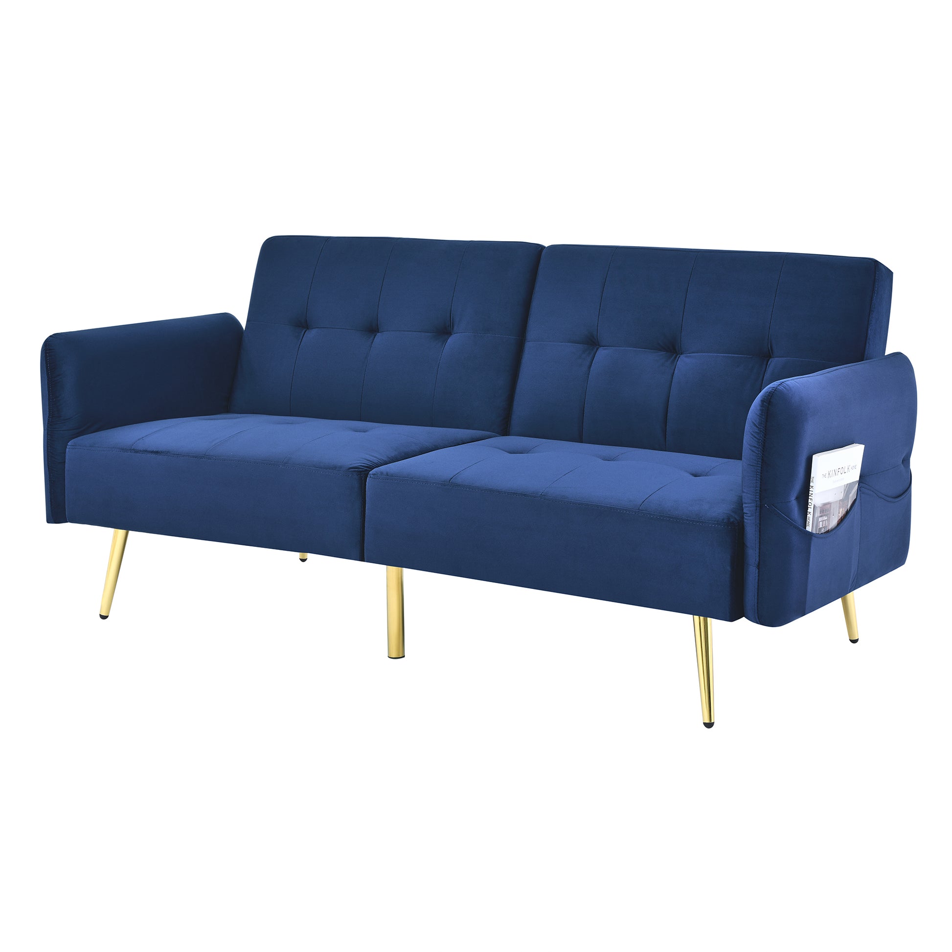 78" Italian Velvet Futon Sofa Bed, Convertible Sleeper Loveseat Couch With Folded Armrests And Storage Bags For Living Room And Small Space, Navy 280G Velvet Navy Foam Solid Wood