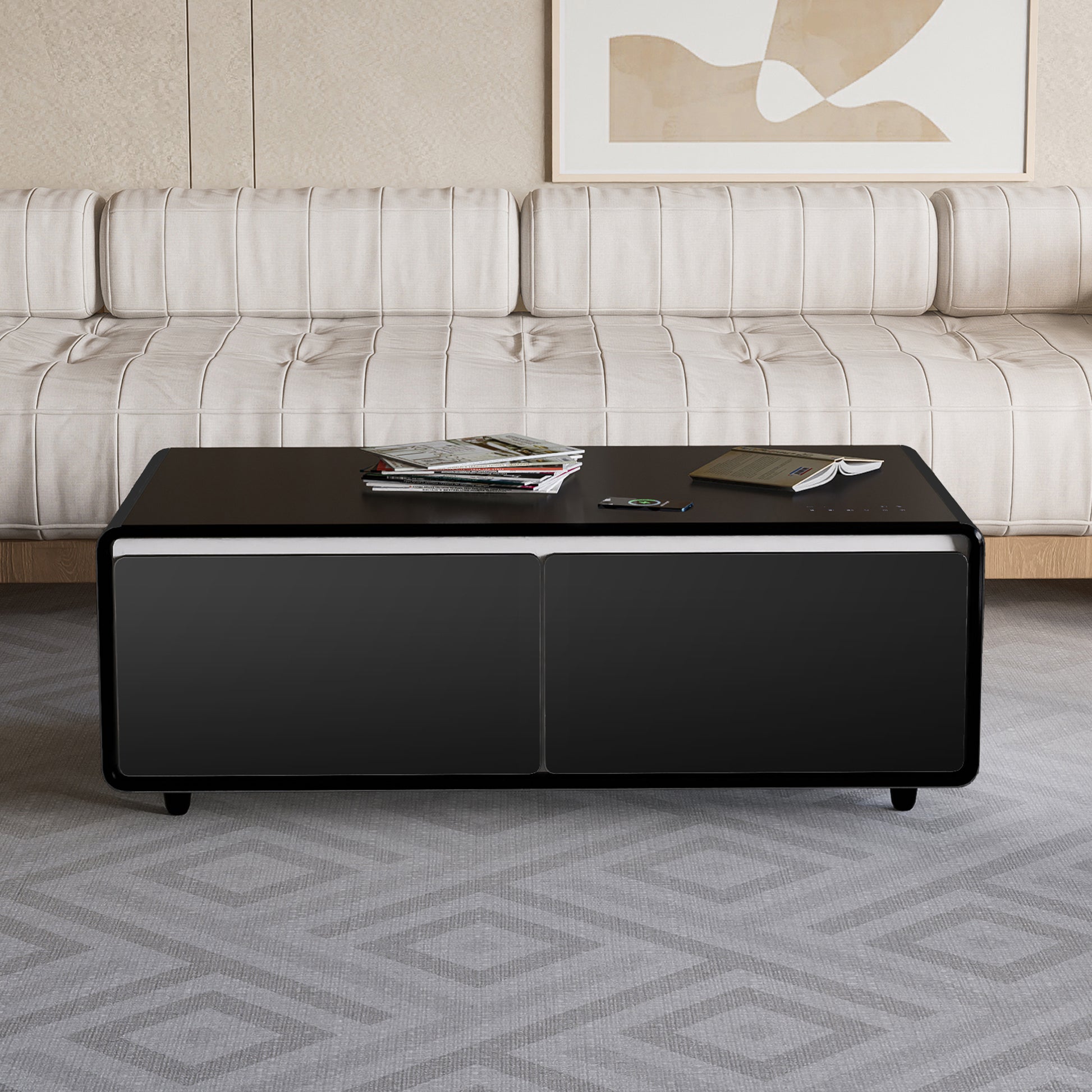 Modern Smart Coffee Table With Built In Fridge, Bluetooth Speaker, Wireless Charging Module, Touch Control Panel, Power Socket, Usb Interface, Outlet Protection, Atmosphere Light, Black Black Primary Living Space Coffee & End Tables Abs