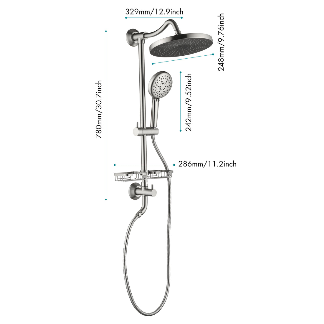 Showerspas Shower System, With 10" Rain Showerhead, 4 Function Hand Shower, Adjustable Slide Bar And Soap Dish Brushed Nickel Brass