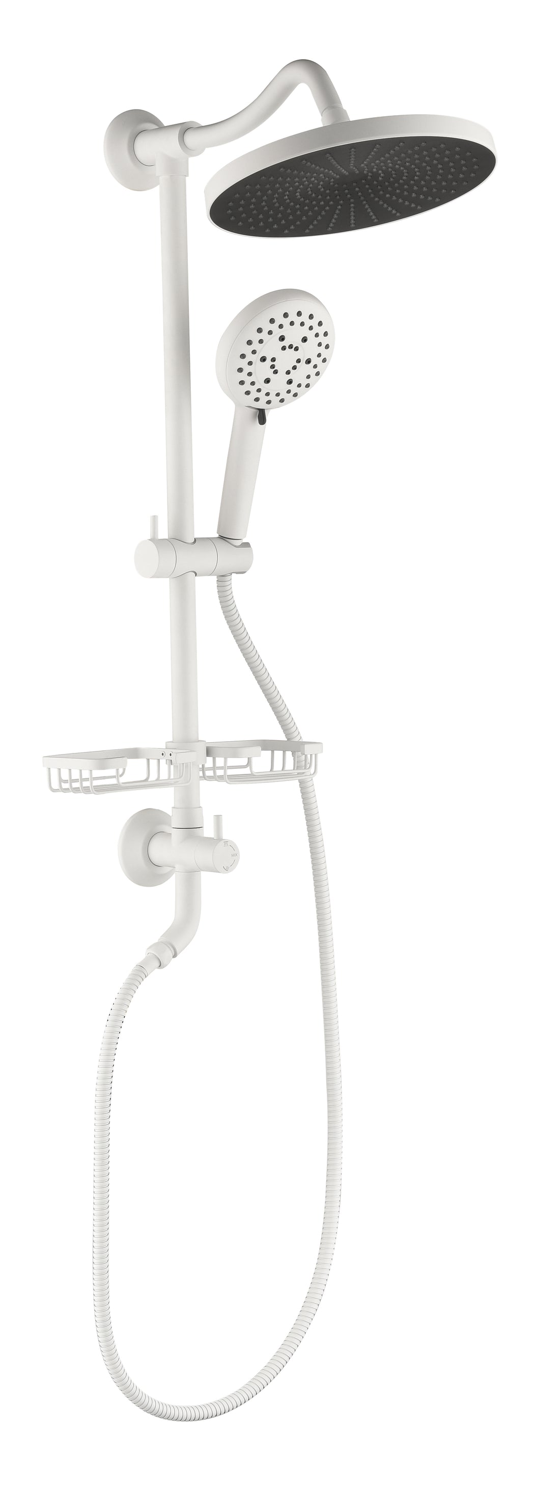 Showerspas Shower System, With 10" Rain Showerhead, 4 Function Hand Shower, Adjustable Slide Bar And Soap Dish White Brass