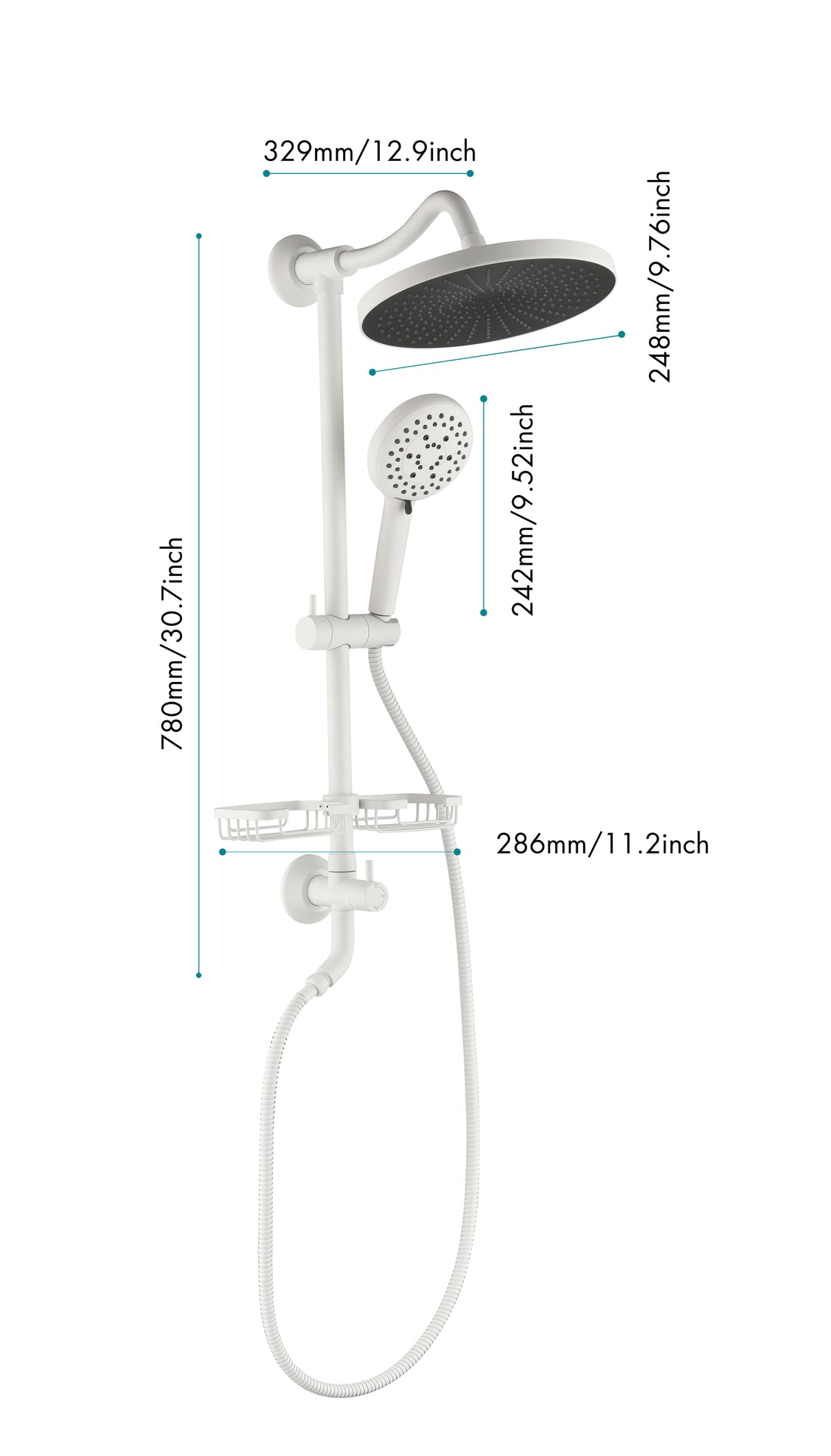 Showerspas Shower System, With 10" Rain Showerhead, 4 Function Hand Shower, Adjustable Slide Bar And Soap Dish White Brass