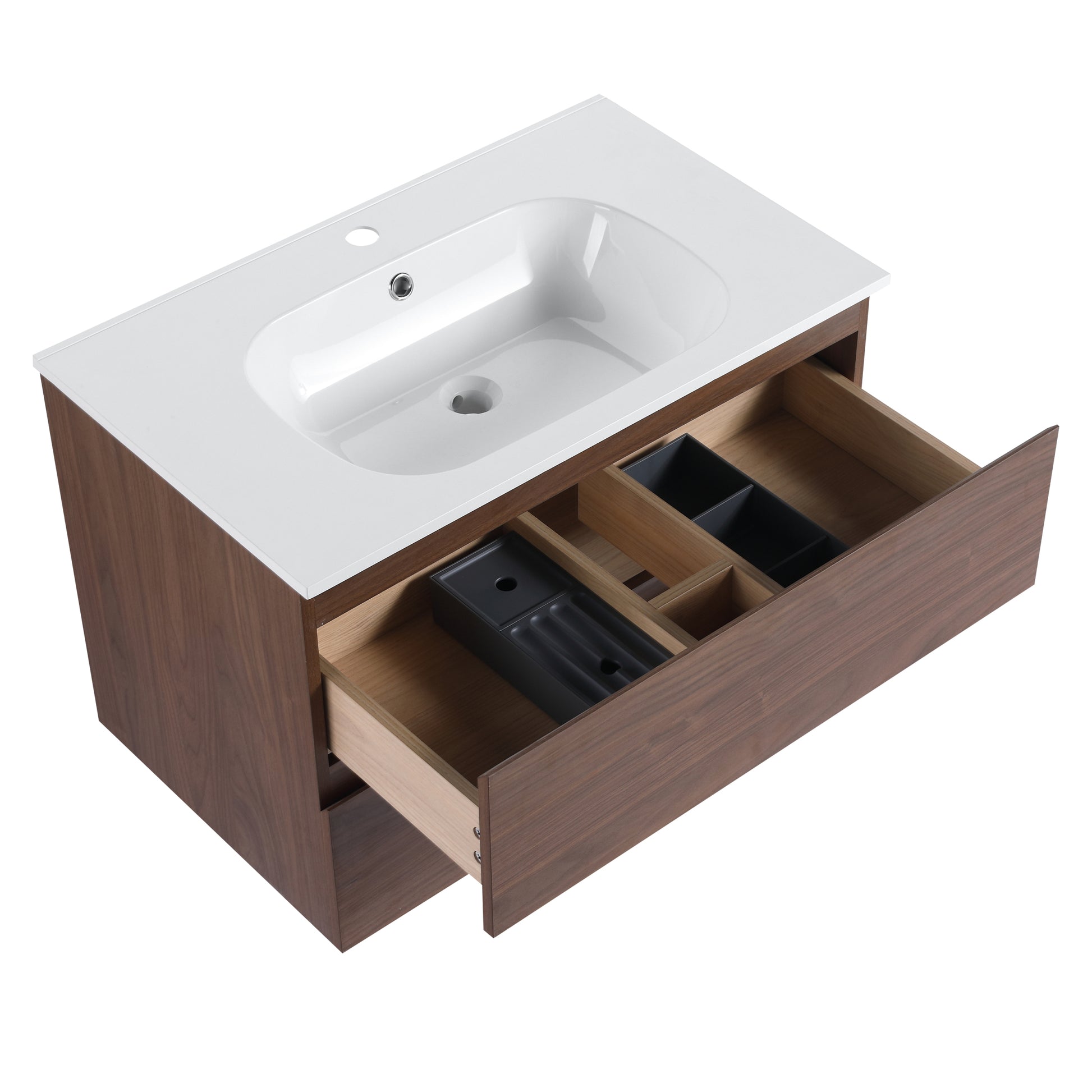 30" Bathroom Vanity With Gel Basin Top, Soft Close Drawer Brown Oak Plywood