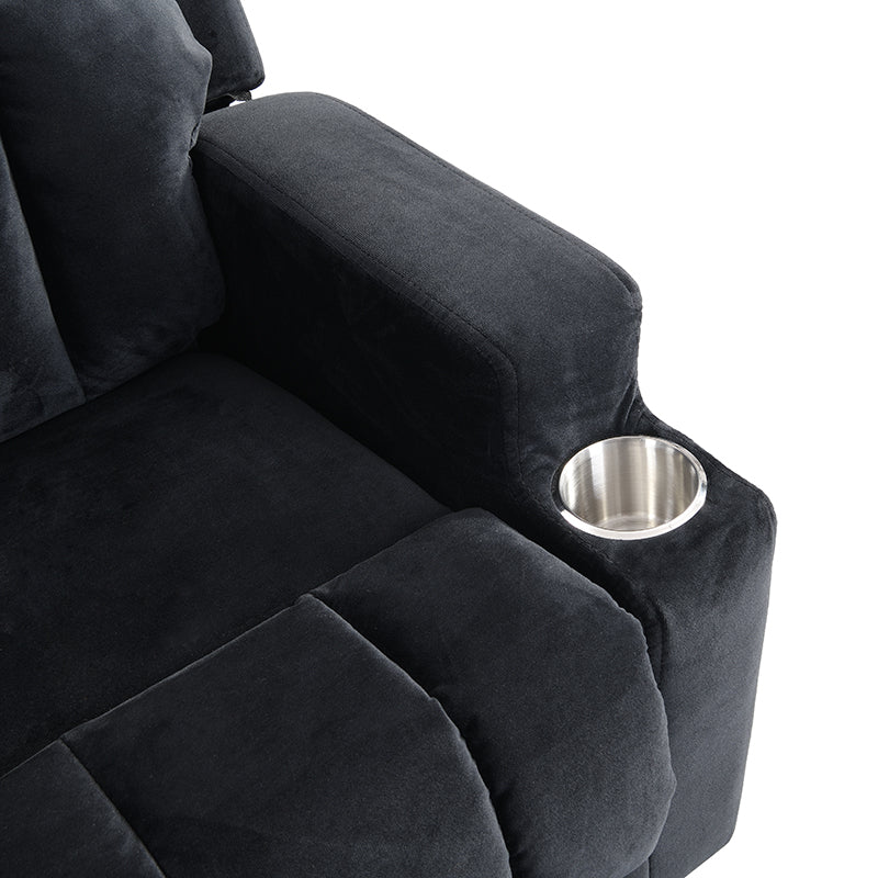 Kids Recliner Chair, Kids Upholstered Couch With Two Cup Holder, Footrest, Backrest, Toddlers Velvet Recliner With Headrest And Footrest Black Velvet