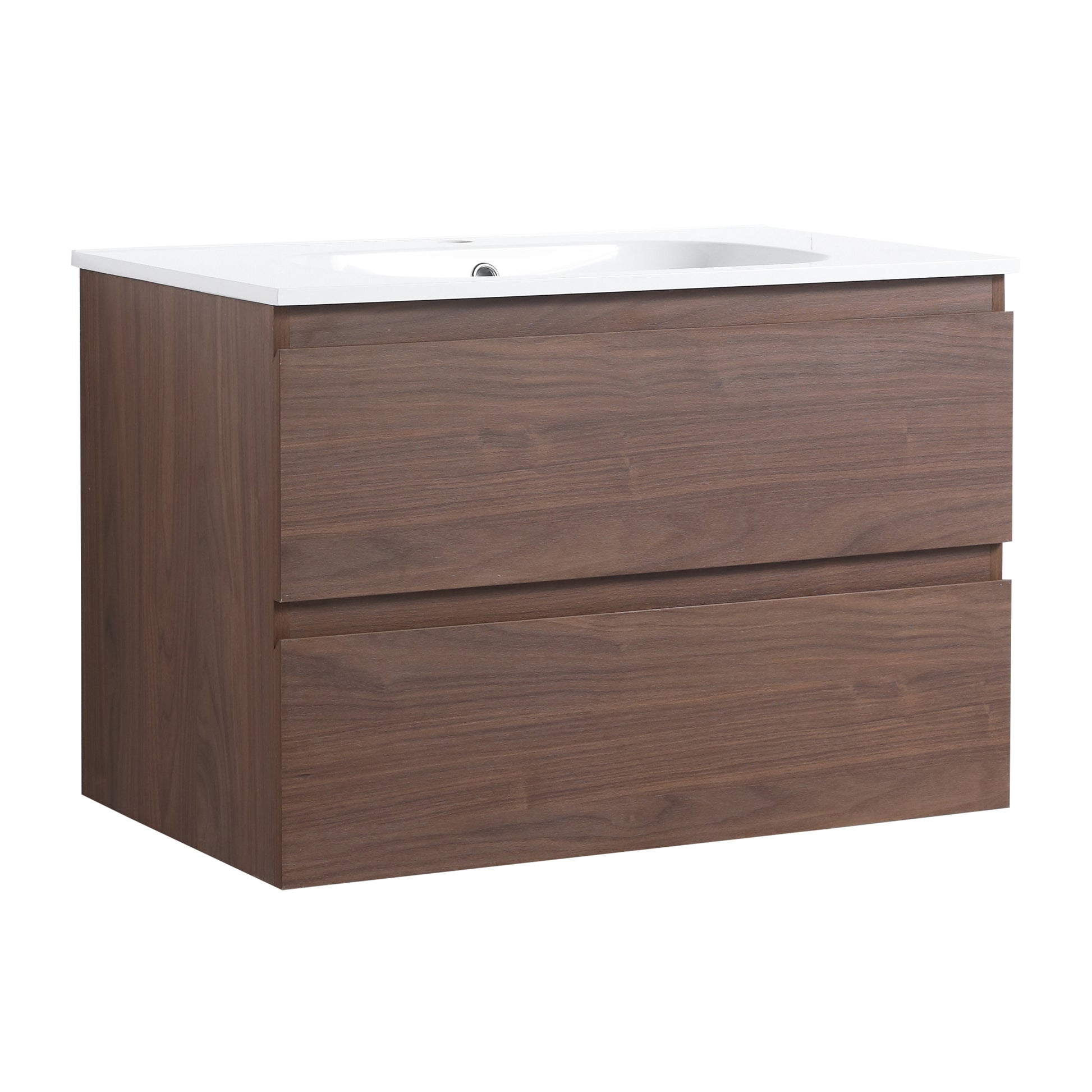 30" Bathroom Vanity With Gel Basin Top, Soft Close Drawer Brown Oak Plywood