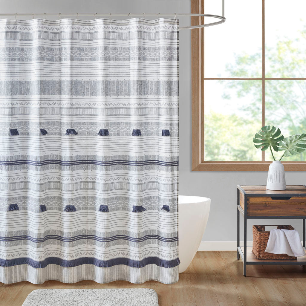 Cotton Stripe Printed Shower Curtain With Tassel Gray Navy Cotton