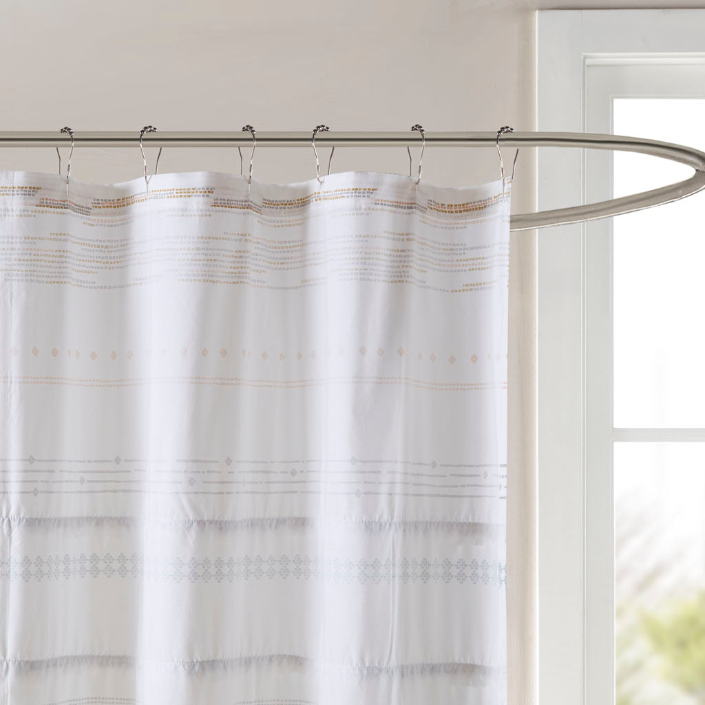 Cotton Printed Shower Curtain With Trims Off White Gray Cotton