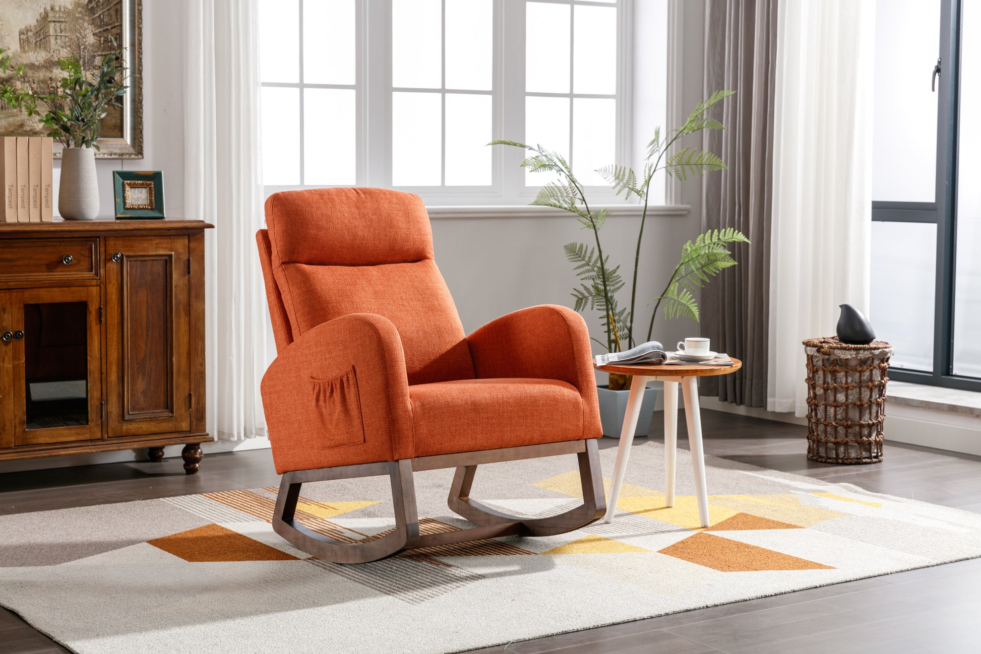 Coolmore Rocking Chair, Modern Glider Chair, Recliner Armchair With Wood Legs And Side Pocket, Nursery Rocking Accent Chair With High Back For Living Room Bedroom Orange Linen Orange Foam Linen