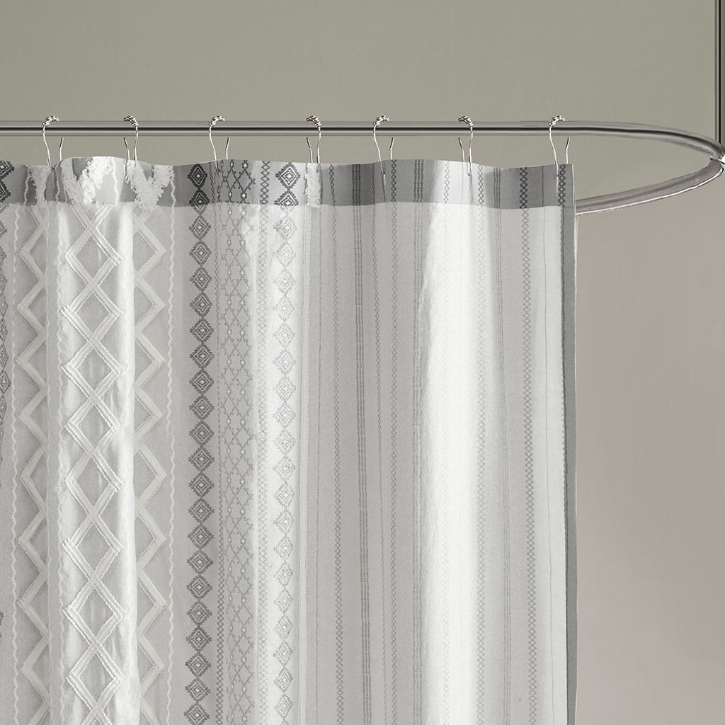 Cotton Printed Shower Curtain With Chenille Gray Cotton