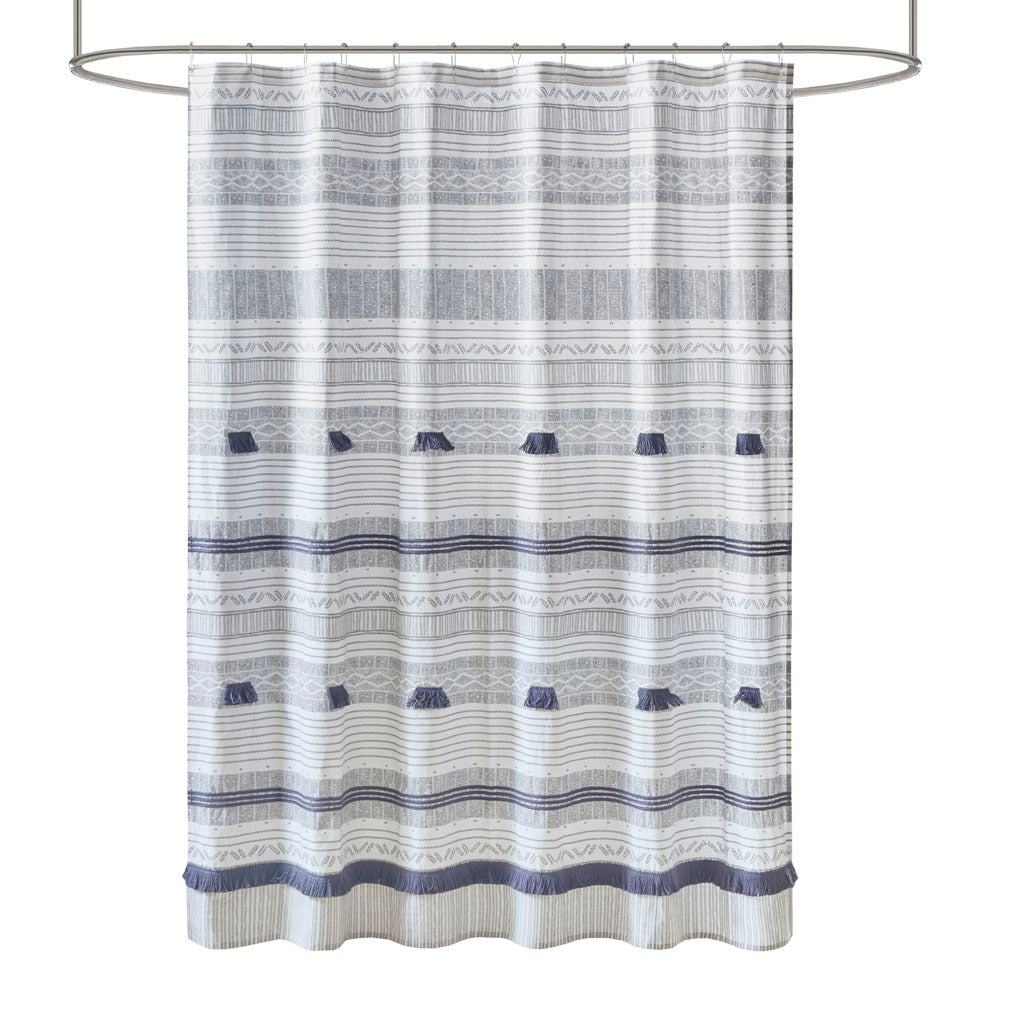 Cotton Stripe Printed Shower Curtain With Tassel Gray Navy Cotton