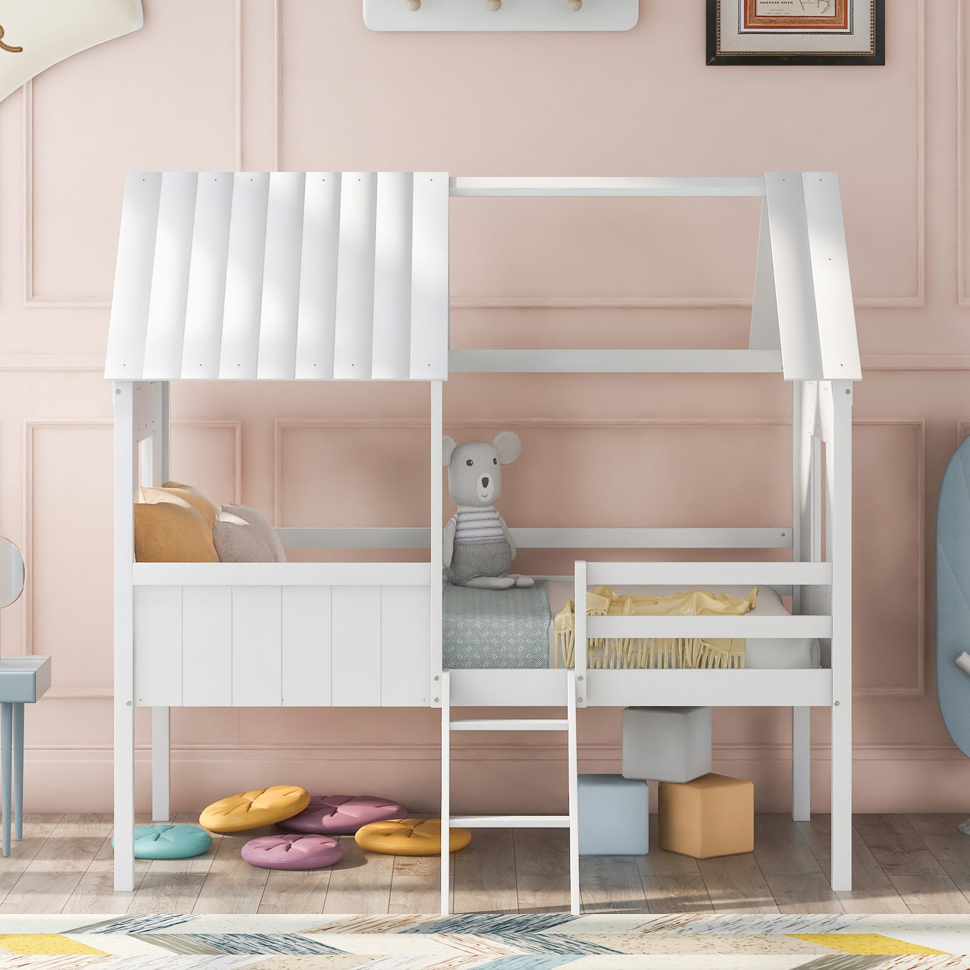 Twin Size Low Loft Wood House Bed With Two Side Windows White Old Sku: Lp000037Aak White Solid Wood