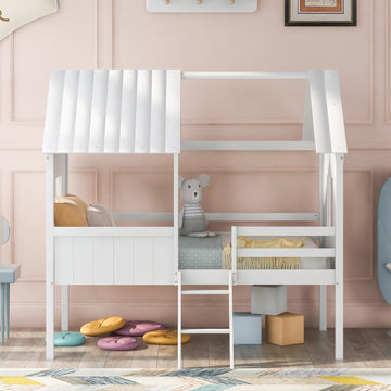 Twin Size Low Loft Wood House Bed With Two Side Windows White Old Sku: Lp000037Aak White Solid Wood