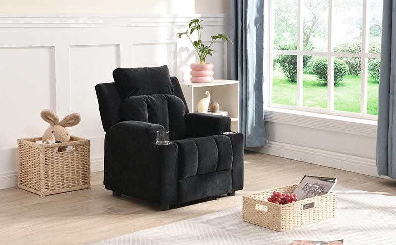 Kids Recliner Chair, Kids Upholstered Couch With Two Cup Holder, Footrest, Backrest, Toddlers Velvet Recliner With Headrest And Footrest Black Velvet