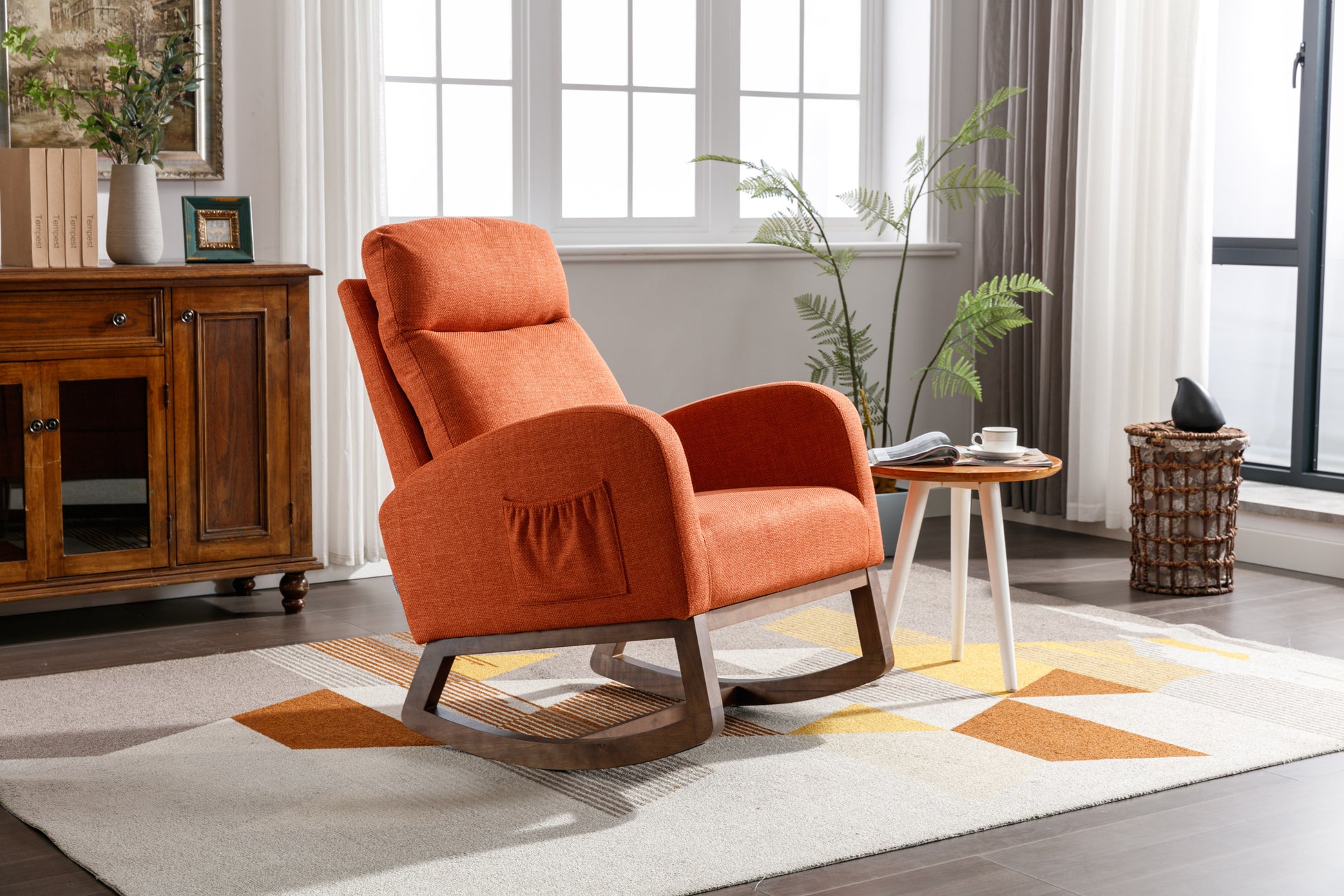 Coolmore Rocking Chair, Modern Glider Chair, Recliner Armchair With Wood Legs And Side Pocket, Nursery Rocking Accent Chair With High Back For Living Room Bedroom Orange Linen Orange Foam Linen