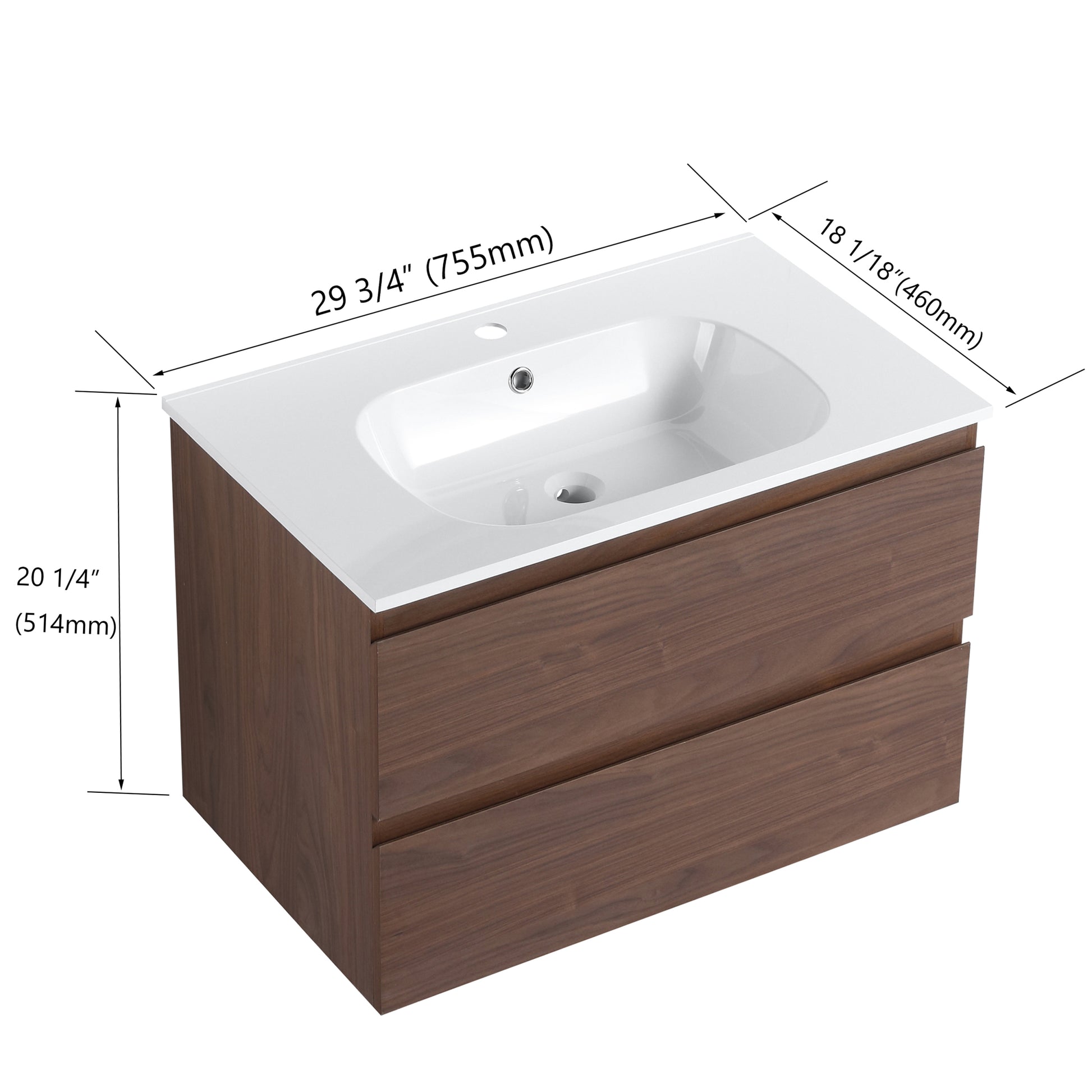 30" Bathroom Vanity With Gel Basin Top, Soft Close Drawer Brown Oak Plywood