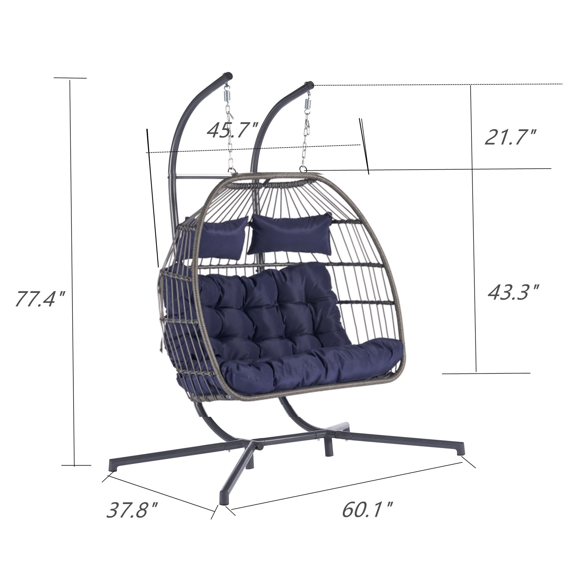 2 Person Outdoor Rattan Hanging Chair Patio Wicker Egg Chair Yes Sectional Dark Blue Uv Resistant Frame Water Resistant Cushion Garden & Outdoor American Design,American Traditional,Classic 2 Person Seating Group Polyester Rattan