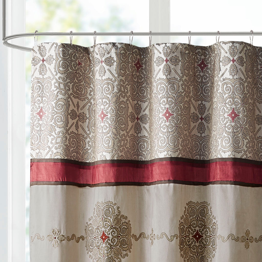 Embroidered Shower Curtain Red Polyester