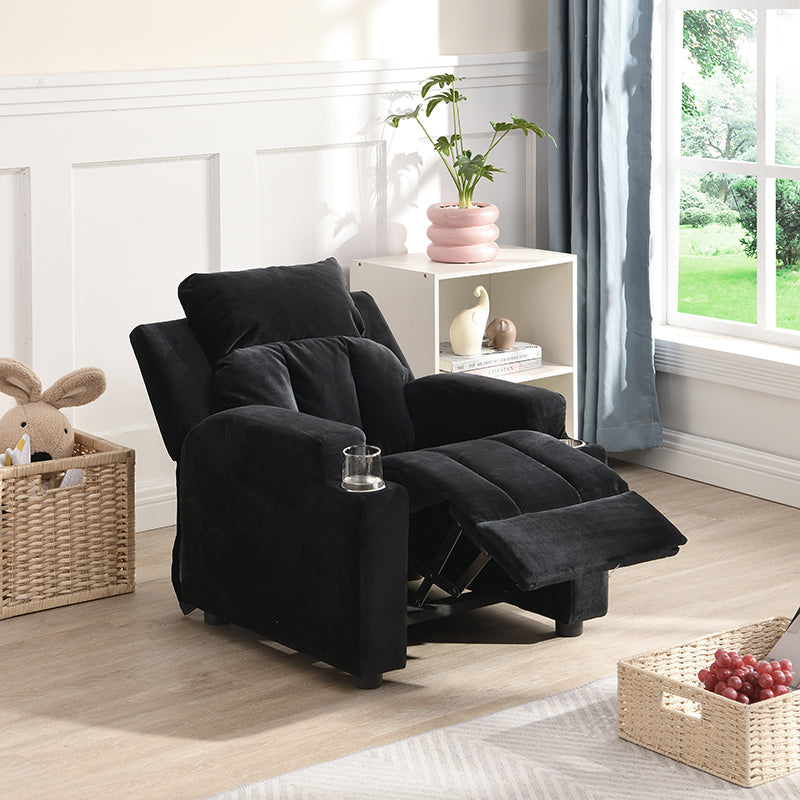 Kids Recliner Chair, Kids Upholstered Couch With Two Cup Holder, Footrest, Backrest, Toddlers Velvet Recliner With Headrest And Footrest Black Velvet