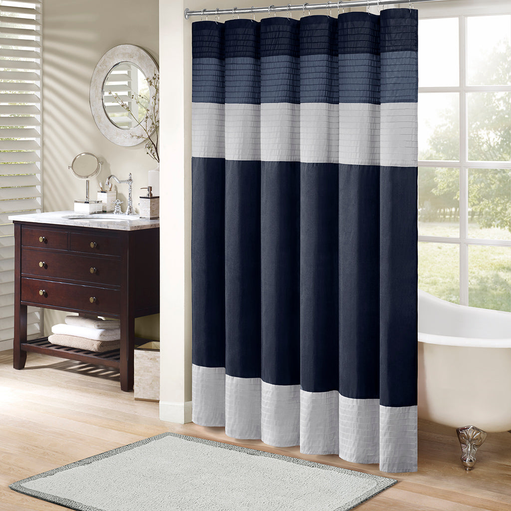 Faux Silk Shower Curtain Navy Polyester