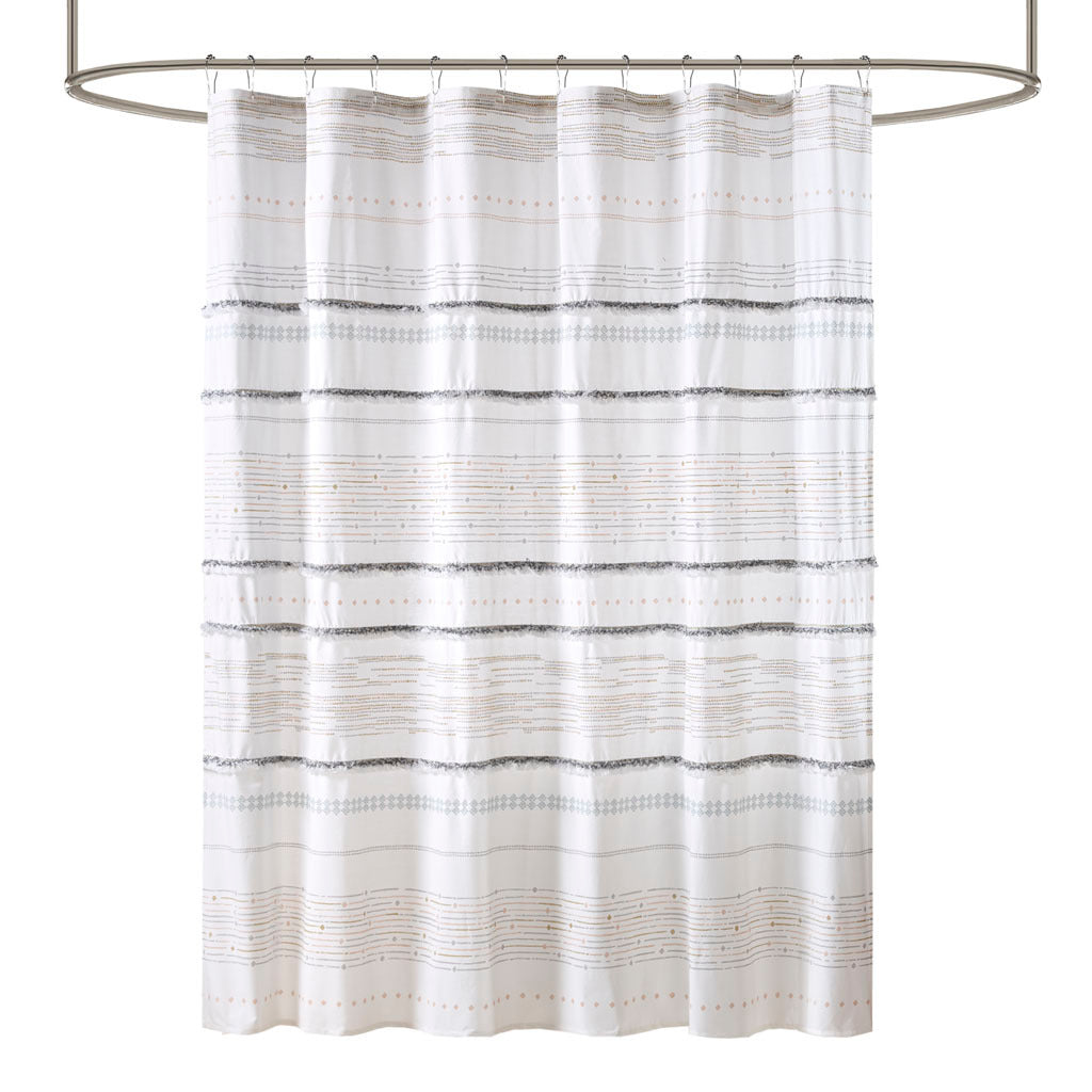 Cotton Printed Shower Curtain With Trims Off White Gray Cotton