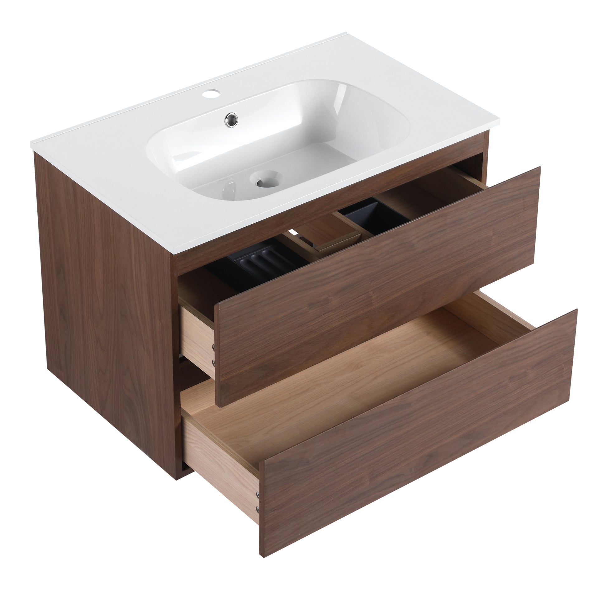 30" Bathroom Vanity With Gel Basin Top, Soft Close Drawer Brown Oak Plywood