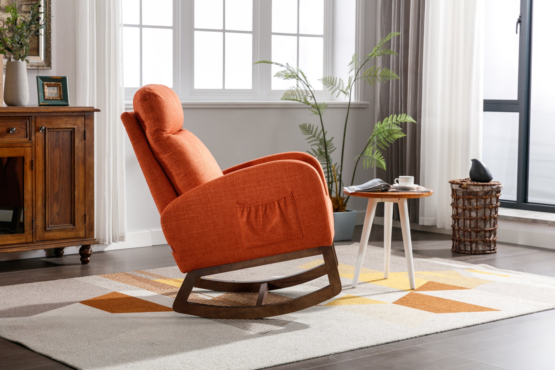 Coolmore Rocking Chair, Modern Glider Chair, Recliner Armchair With Wood Legs And Side Pocket, Nursery Rocking Accent Chair With High Back For Living Room Bedroom Orange Linen Orange Foam Linen