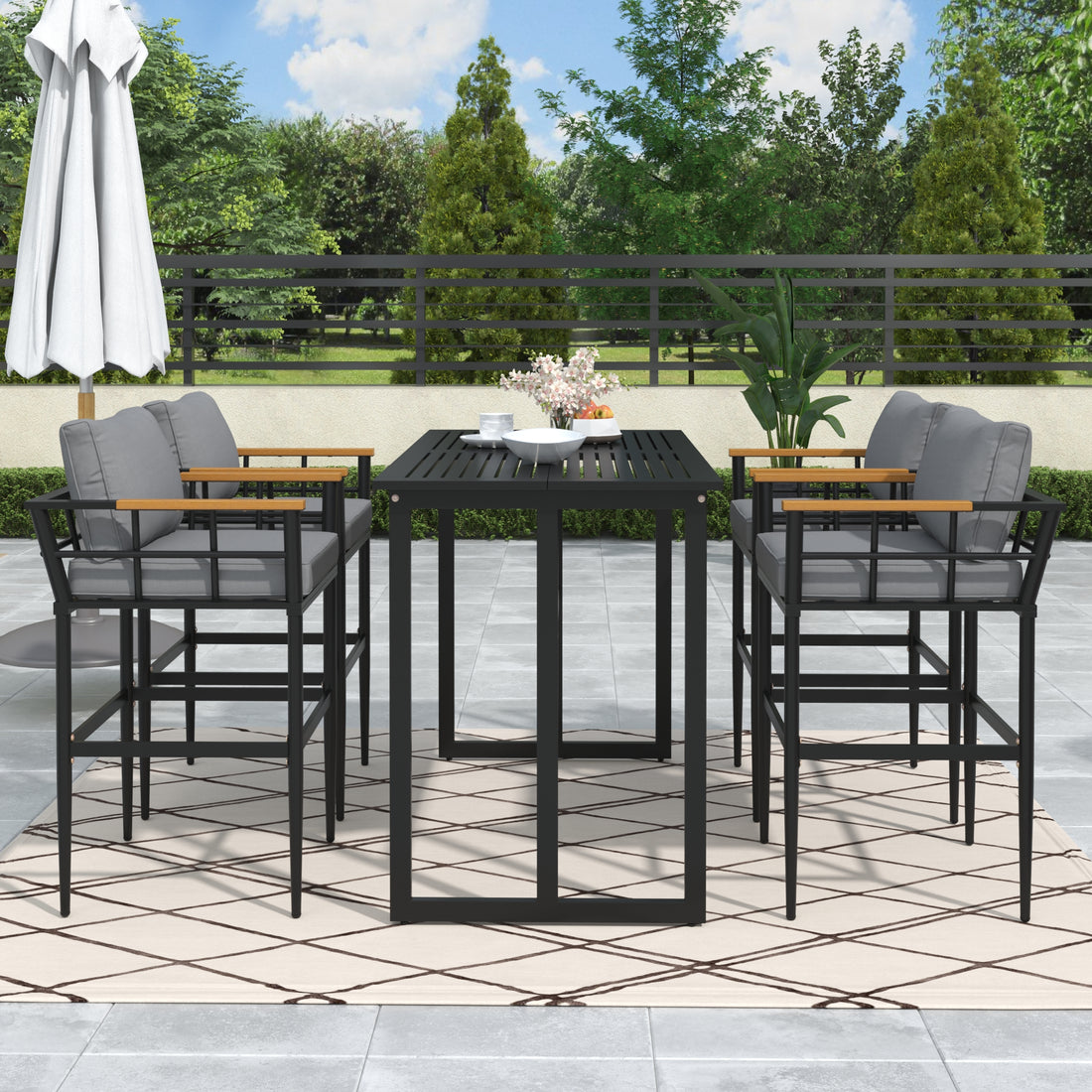 Steel Outdoor Dining Set With Acacia Wood Armrest Suitable For Patio, Balcony Or Backyard Black Steel