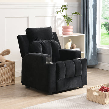 Kids Recliner Chair, Kids Upholstered Couch With Two Cup Holder, Footrest, Backrest, Toddlers Velvet Recliner With Headrest And Footrest Black Velvet
