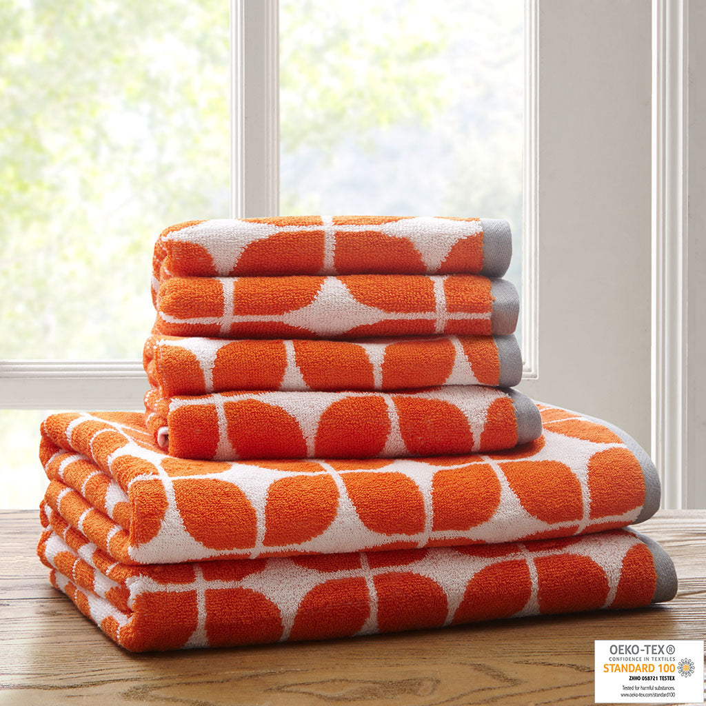 Cotton Jacquard Bath Towel 6 Piece Set Orange Cotton