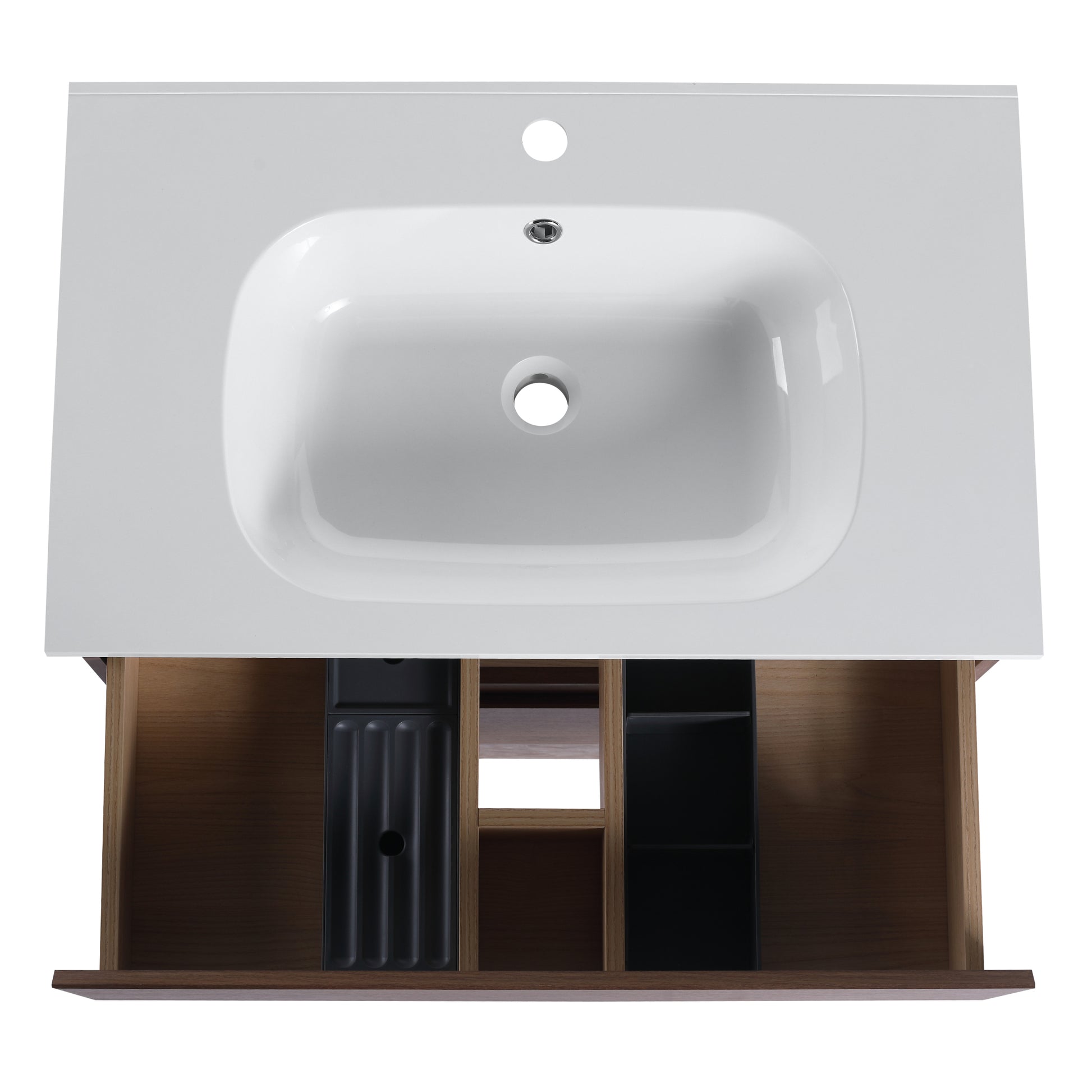 30" Bathroom Vanity With Gel Basin Top, Soft Close Drawer Brown Oak Plywood