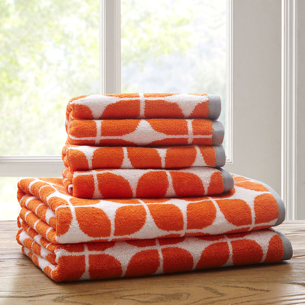 Cotton Jacquard Bath Towel 6 Piece Set Orange Cotton