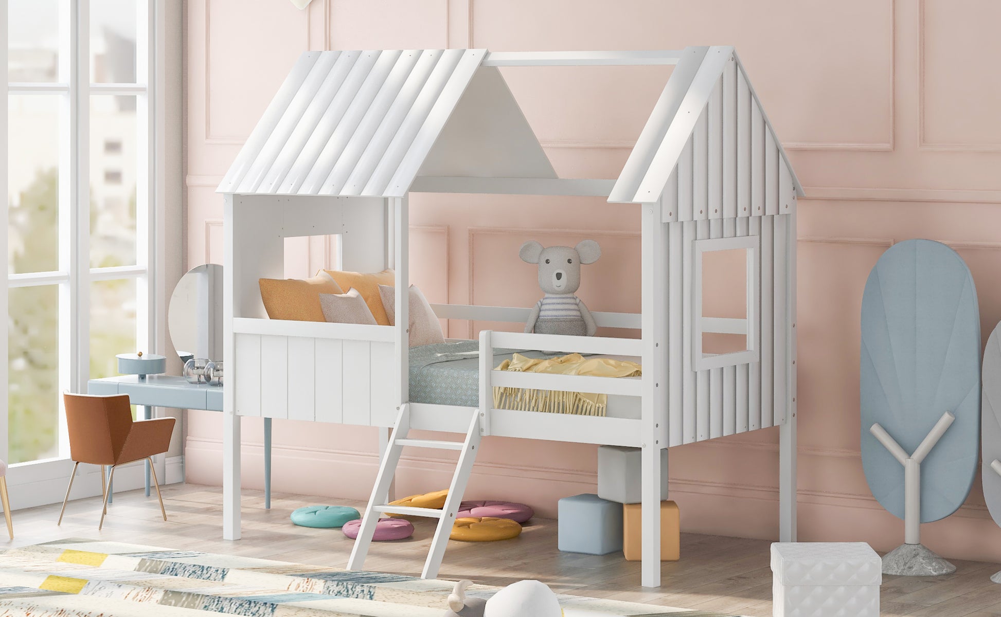 Twin Size Low Loft Wood House Bed With Two Side Windows White Old Sku: Lp000037Aak White Solid Wood