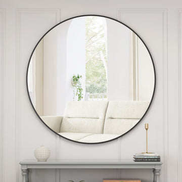 Wall Mirror 39 Inch Black Circular Mirror Metal Framed Mirror Round Vanity Mirror Dressing Mirror, For Bathroom, Living Room, Bedroom Wall Decor Black Glass