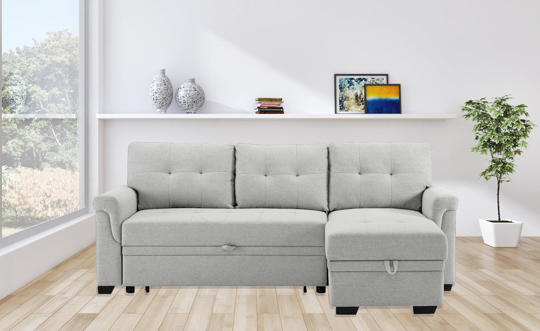 Destiny 84" Light Gray Linen Reversible Sleeper Sectional Sofa With Storage Chaise Light Gray Linen