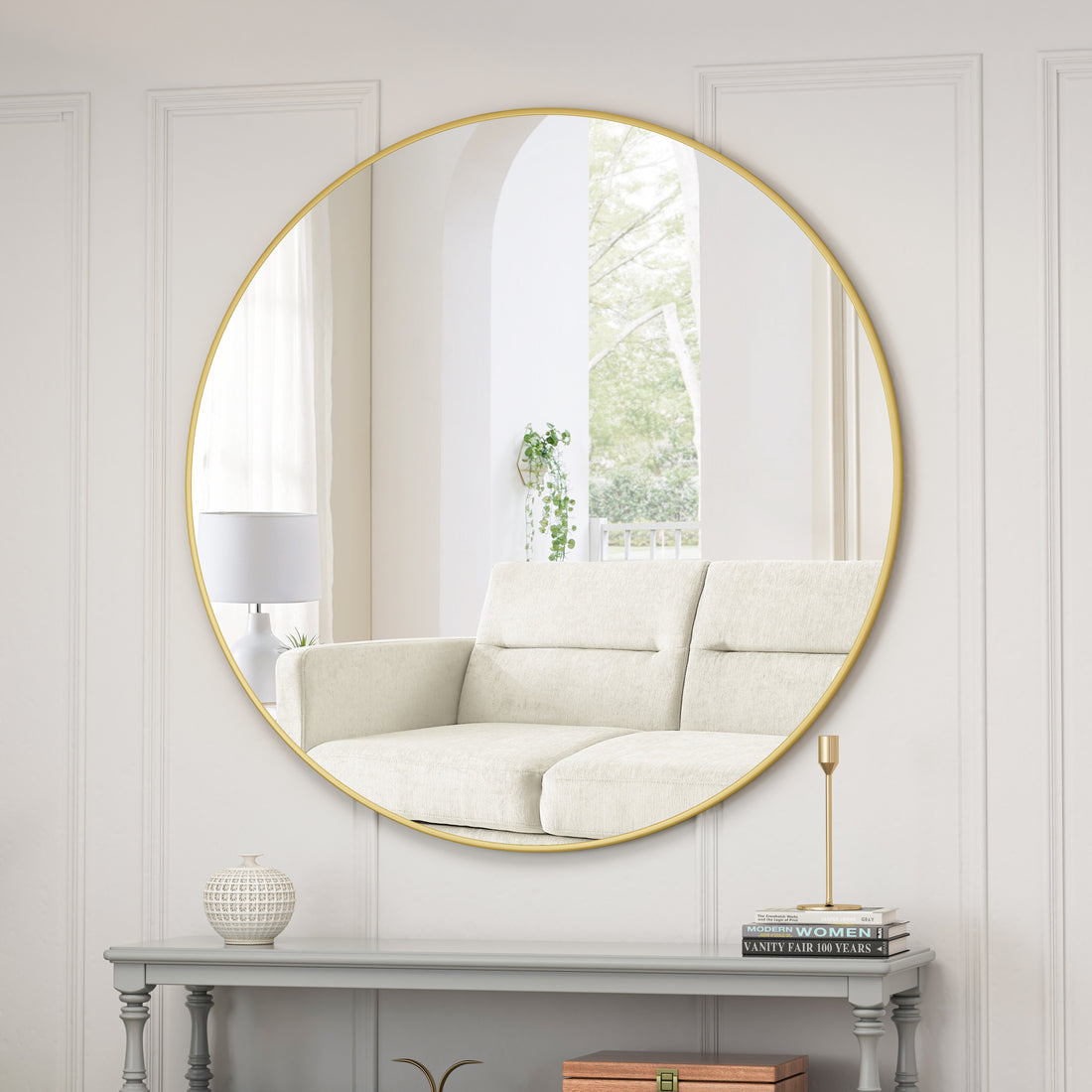 Wall Mirror 48 Inch Oversized Big Size Gold Circular Mirror Metal Framed Mirror Round Vanity Mirror Dressing Mirror, For Bathroom, Living Room, Bedroom Wall Decor Gold Glass Metal