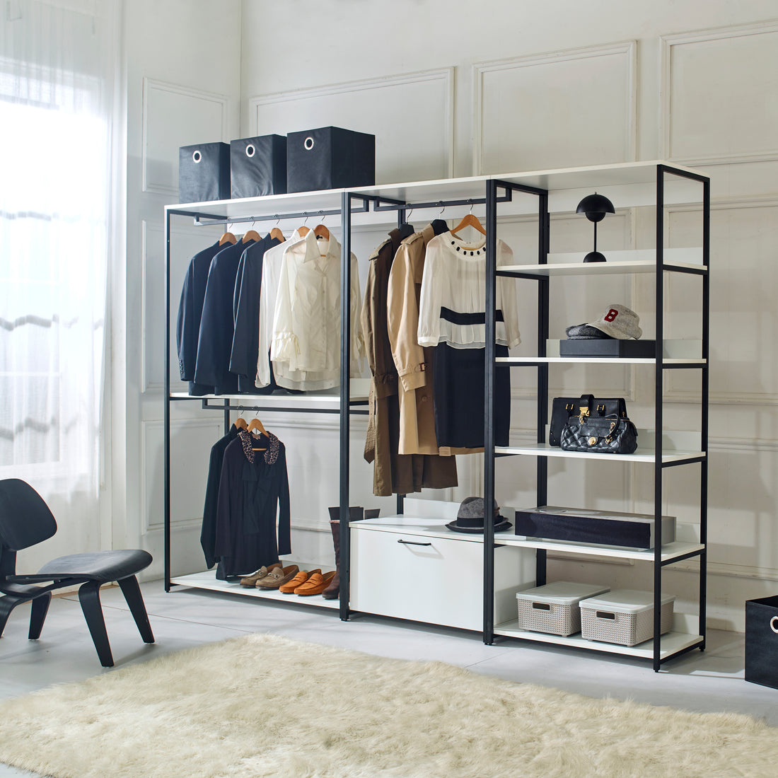 Fiona White Freestanding Walk In Wood Closet System With Metal Frame White Mdf Melamine