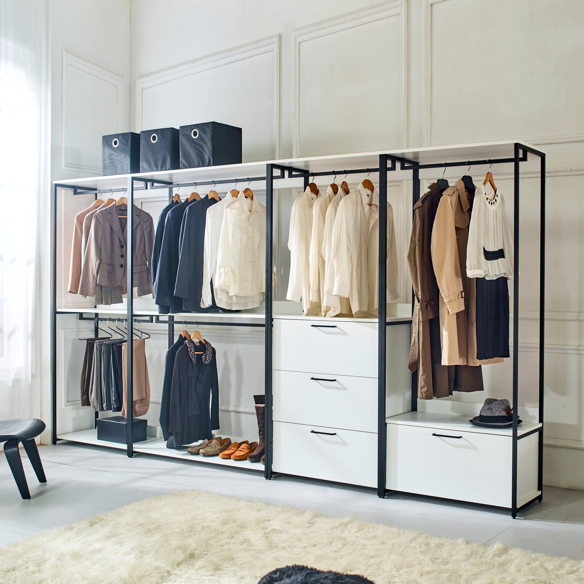 Fiona White Freestanding Walk In Wood Closet System With Metal Frame White Mdf Melamine