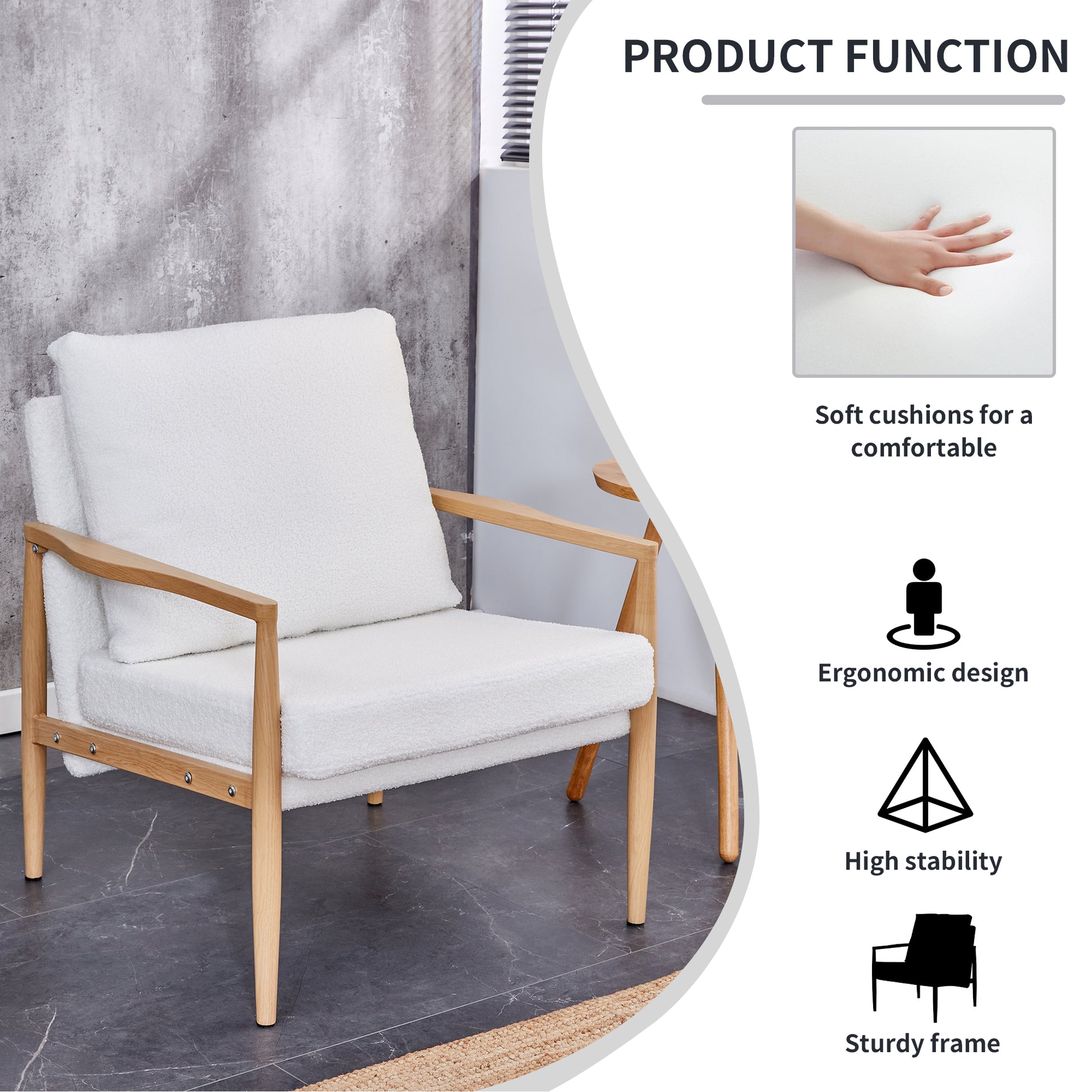 Sofa Chair.Teddy Velvet Accent Arm Chair Mid Century Upholstered Armchair With Imitation Solid Wood Color Metal Frame Extra Thick Padded Backrest And Seat Cushion Sofa Chairs For Living Room Sf 010 White Foam Velvet