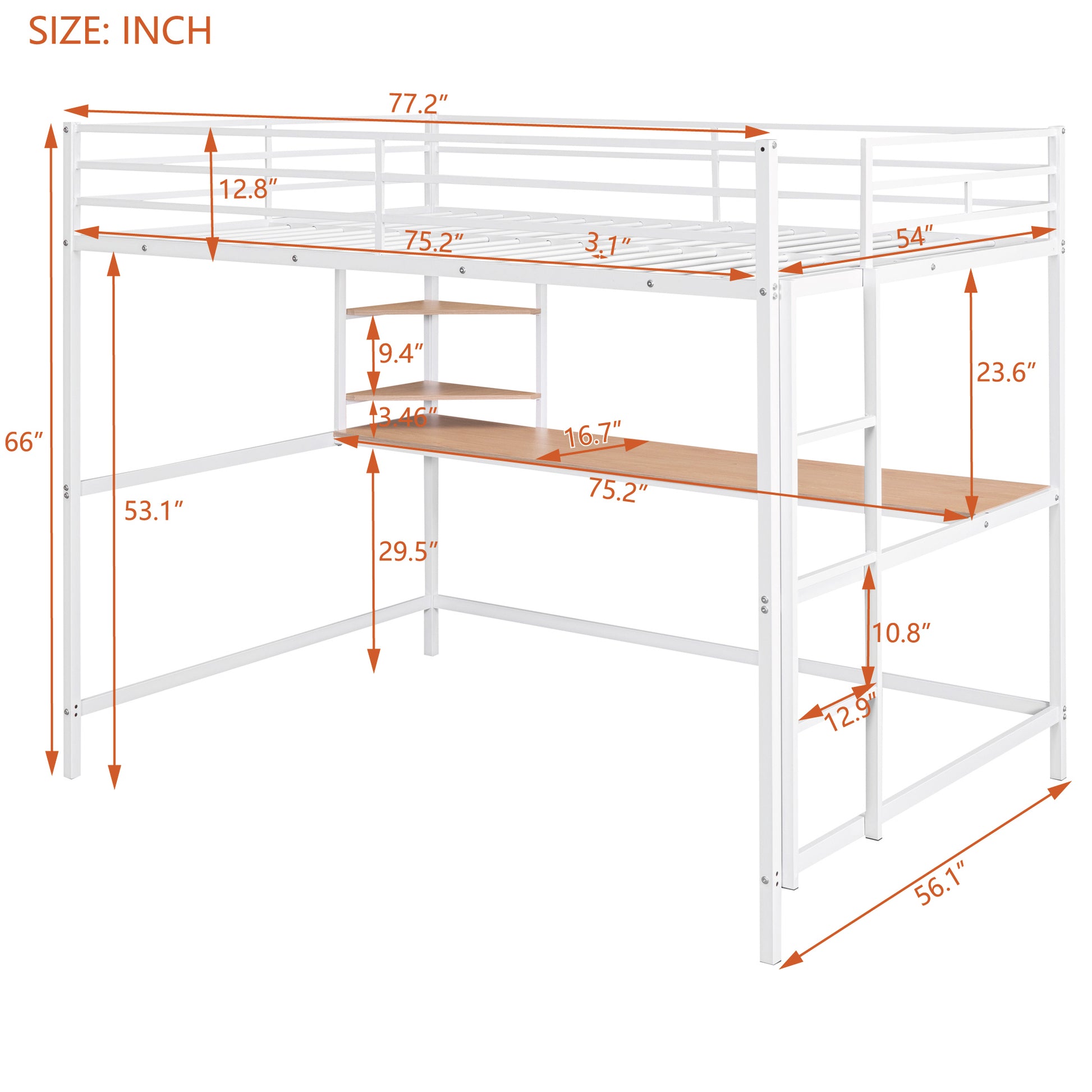 Full Metal Loft Bed With Desk And Shelve, White White Metal