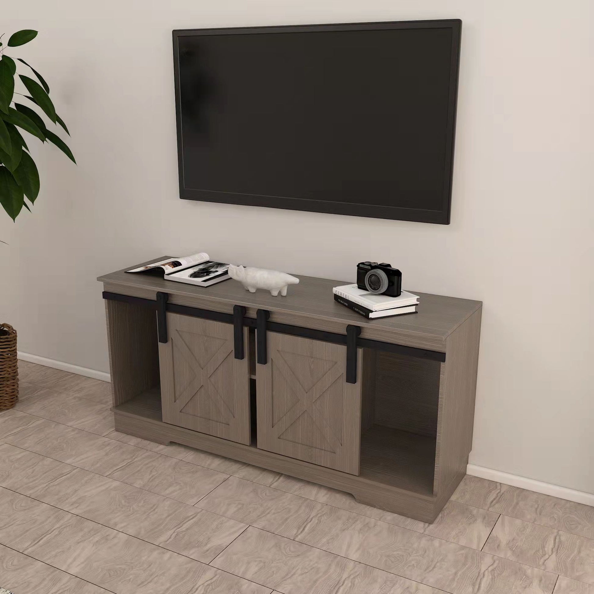 Lane Tv Stand With Sliding Barndoors In Rustic Gray Rustic Mdf Melamine