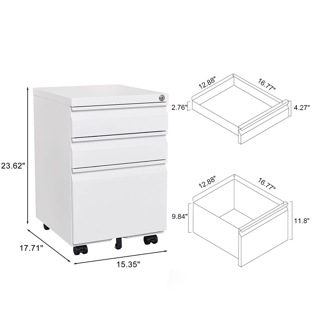 3 Drawer Mobile File Cabinet With Lock, Office Storage Filing Cabinet For Legal Letter Size, Pre Assembled Metal File Cabinet Except Wheels Under Desk White Mobile File Cabinets 3 4 Drawers White Office Mobile Metal