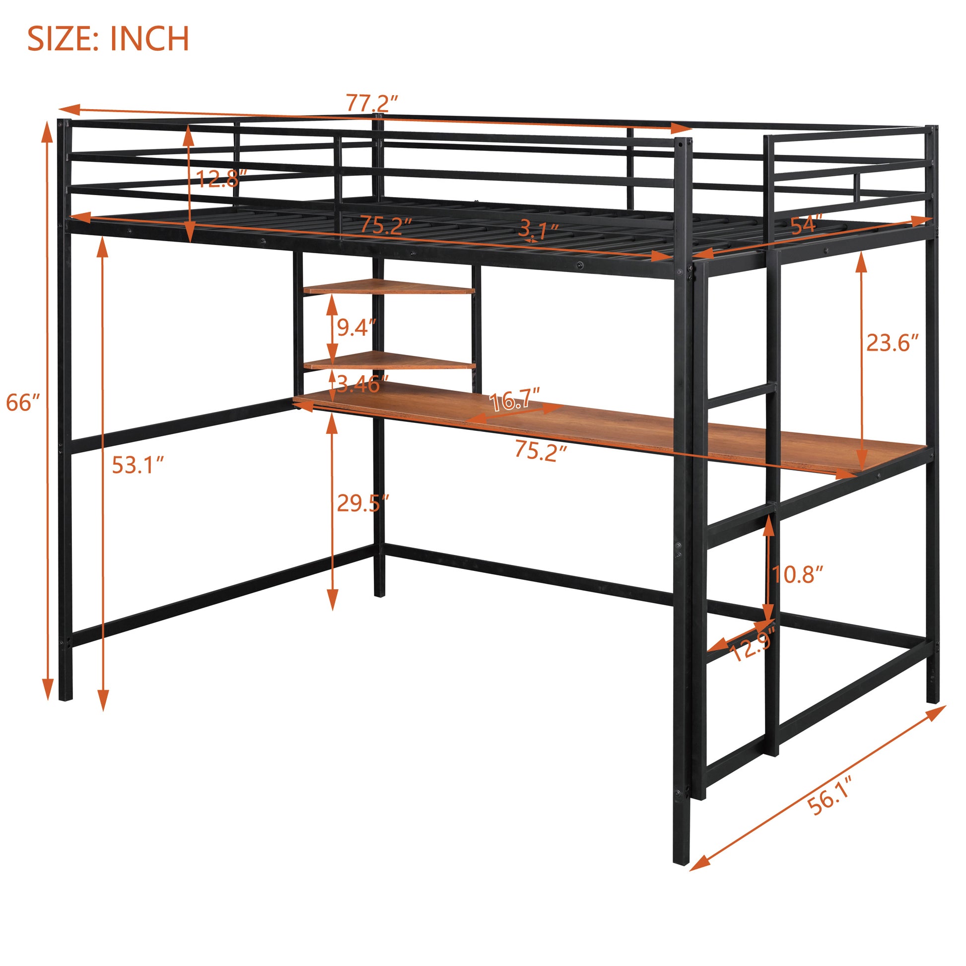 Full Metal Loft Bed With Desk And Shelve, Black Black Metal