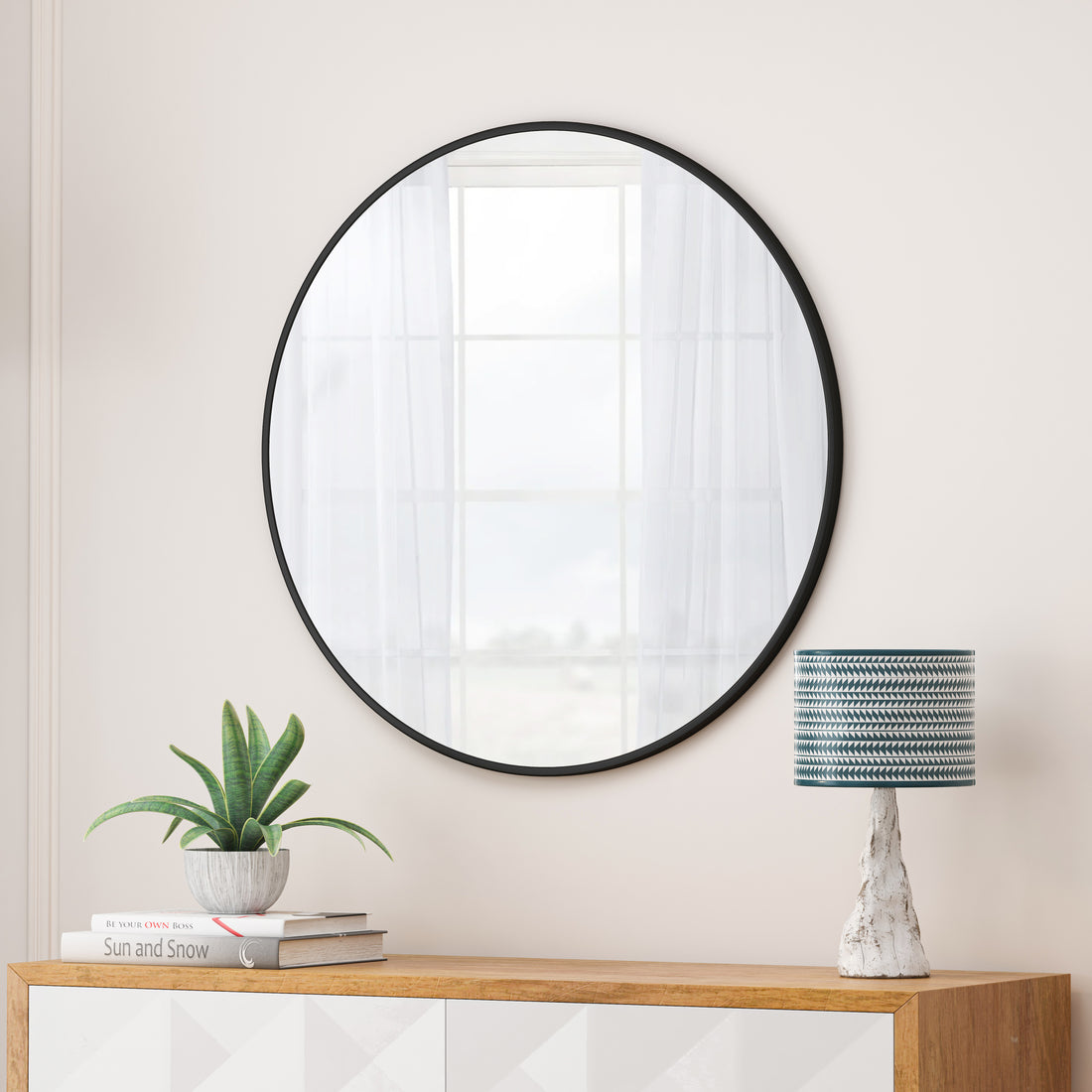 Wall Mirror 48 Inch Oversized Big Size Black Circular Mirror Metal Framed Mirror Round Vanity Mirror Dressing Mirror, For Bathroom, Living Room, Bedroom Wall Decor Black Glass Metal