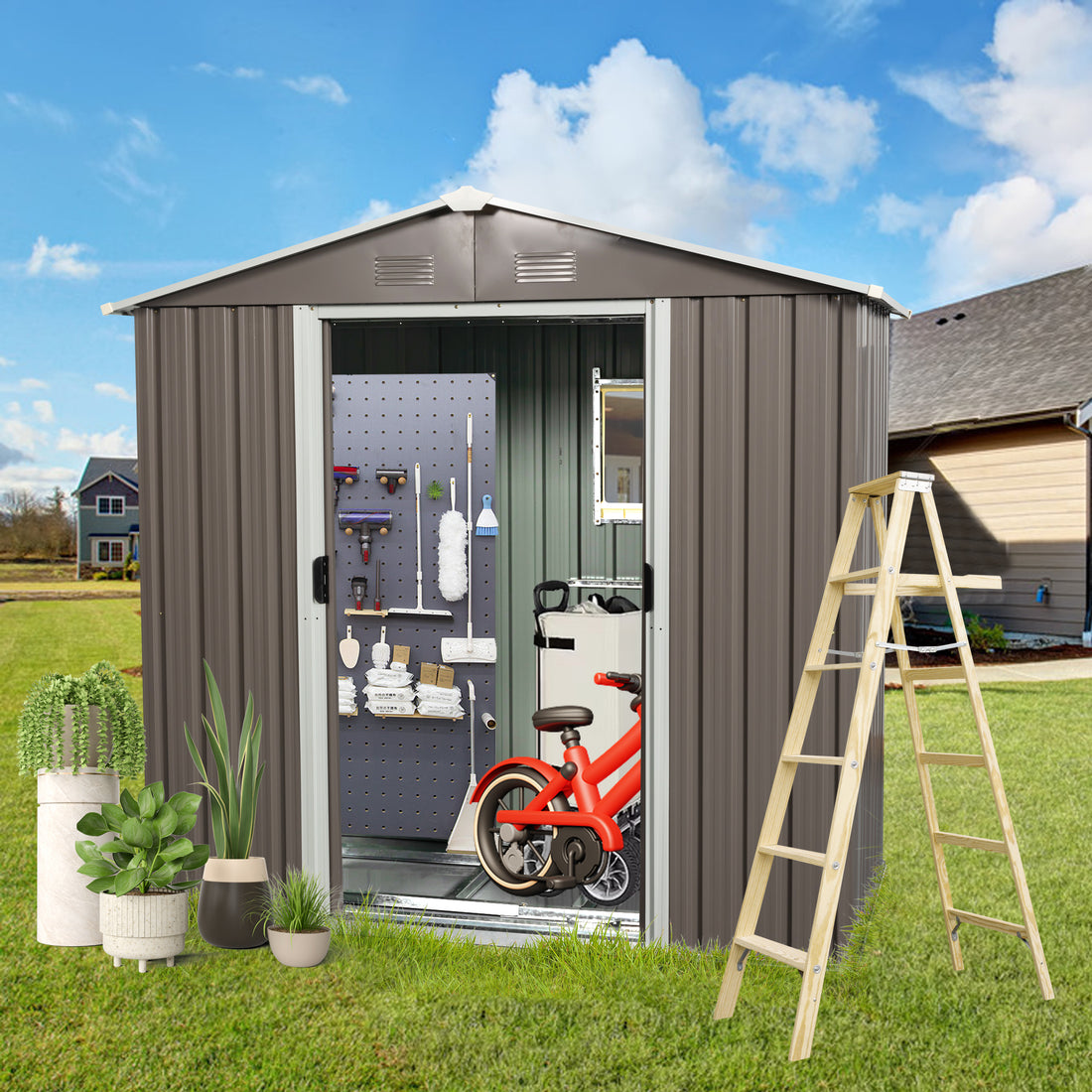 8Ft X 4Ft Outdoor Metal Storage Shed With Window Gray Iron